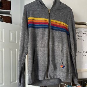Aviator Nation Gray Zip-Up Hoodie with Colorful Stripes